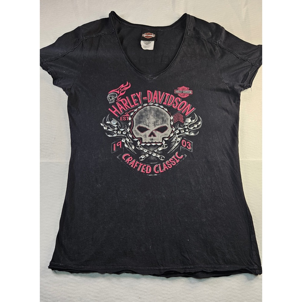 Harley-Davidson Womens V-Neck Skull Graphic Tee Black Pink Low Country SC Medium